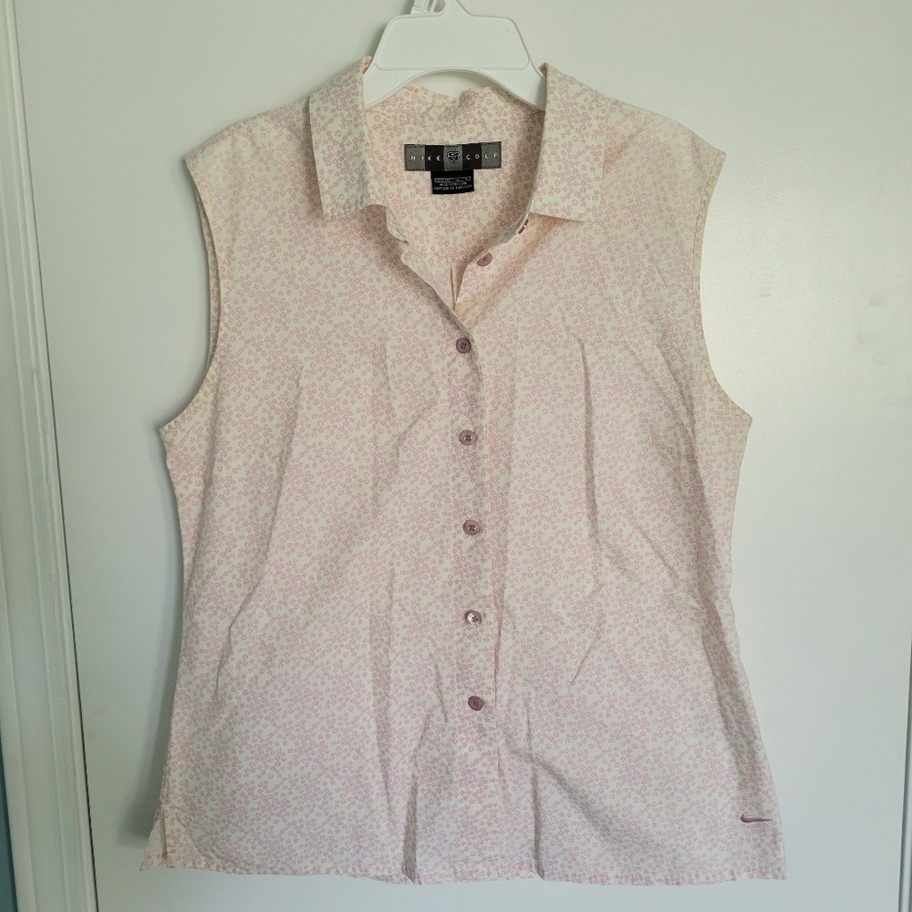 Vintage Womens Nike Golf Tank Top Button Front L Pink Flower Print